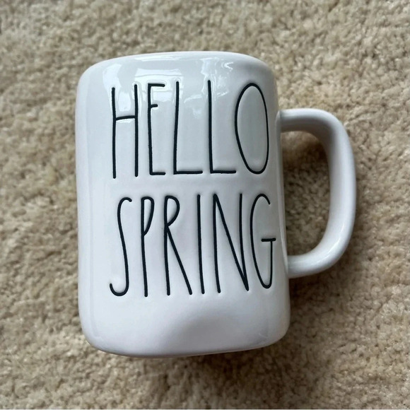 Rae Dunn Magenta Glossy White “HELLO SPRING” Mug w/ Green Inside - EUC - Picture 1 of 6